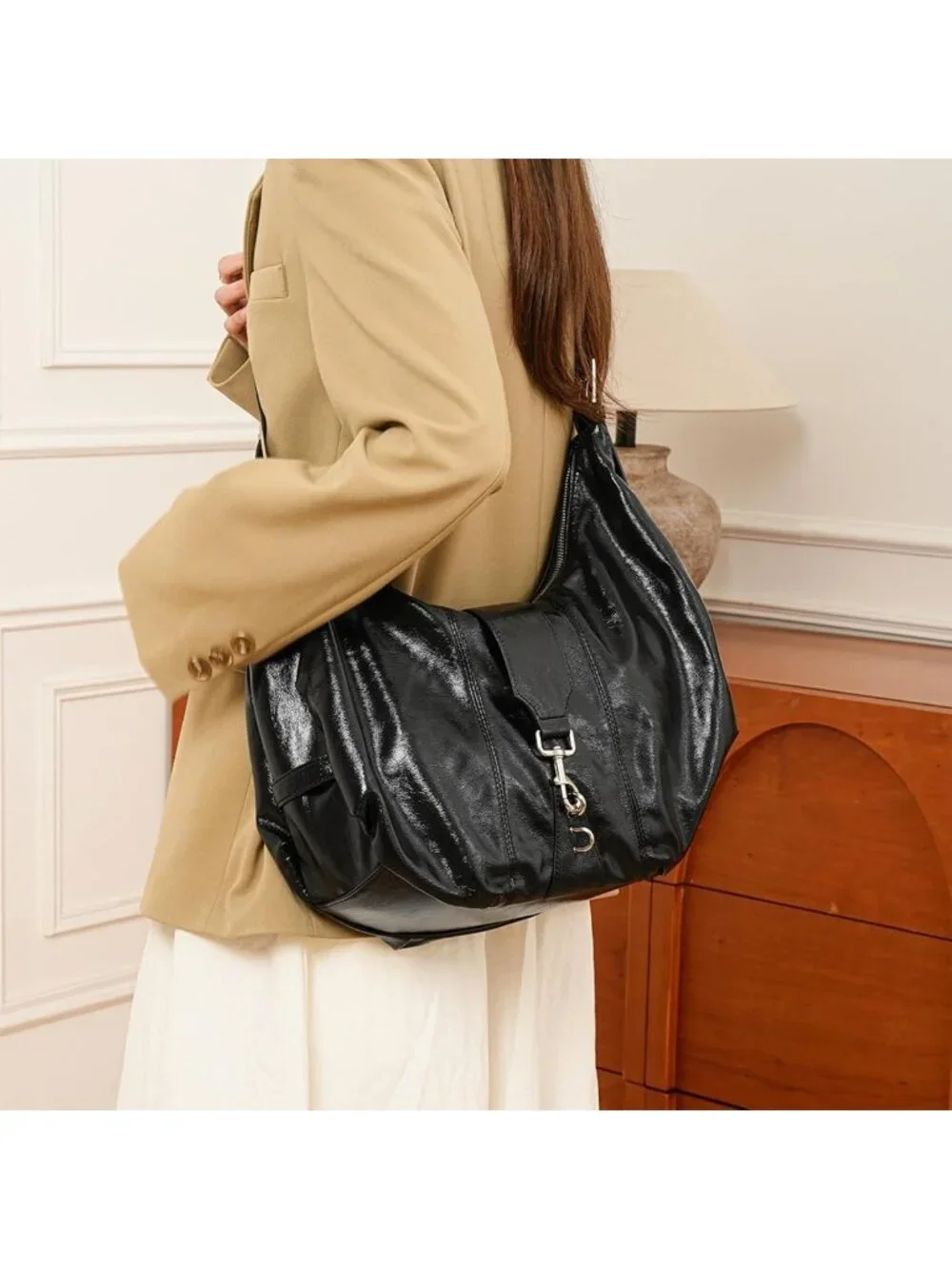 Trendy Y2K Leather Hobo Purse, Buckle Clutch Bag, Large Shoulder Tote for Women
